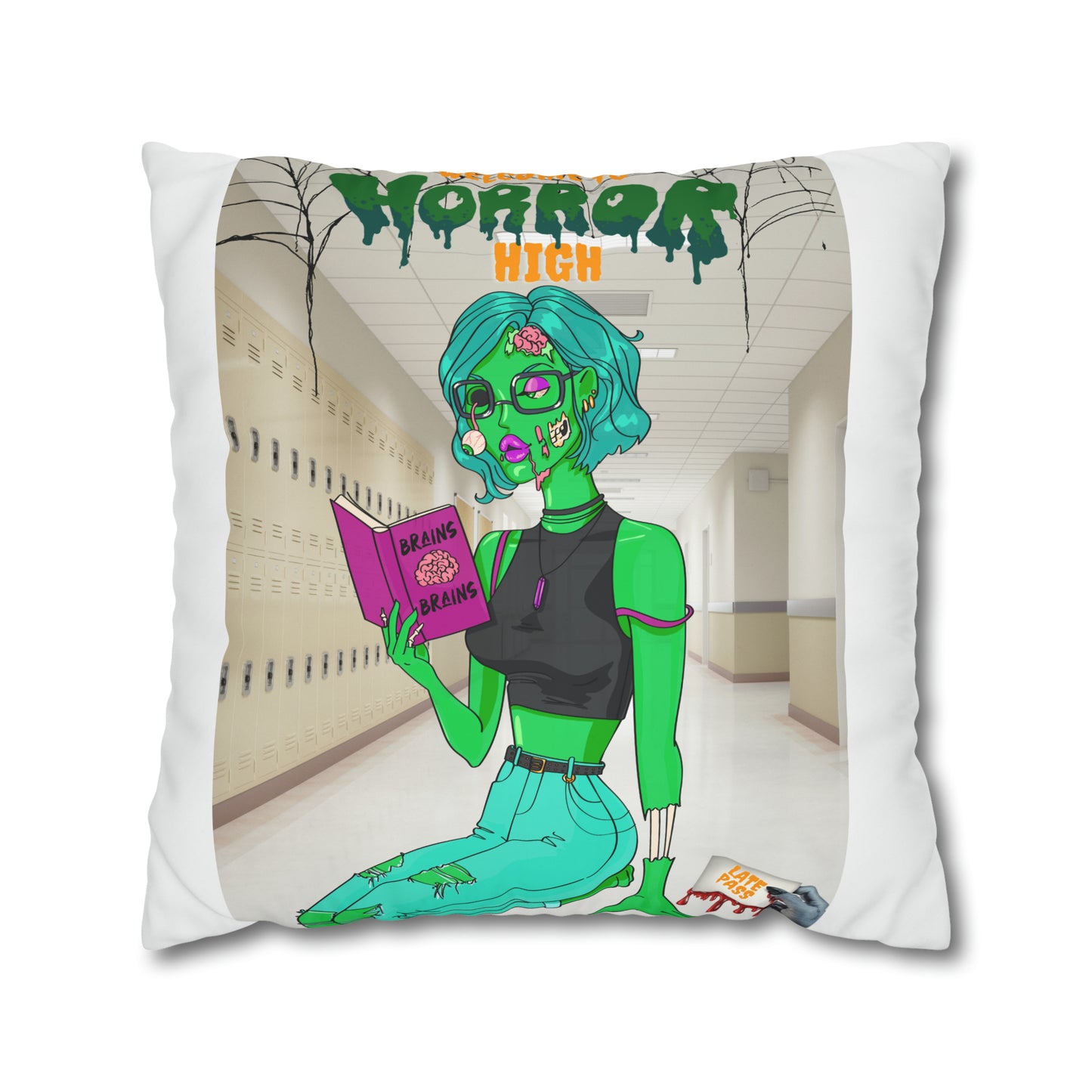 Horror high zombie girl Spun Polyester Pillowcase